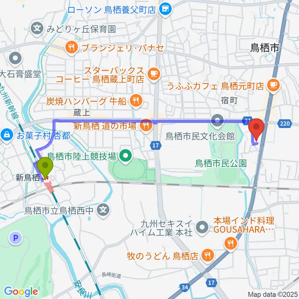 新鳥栖駅からゲオ鳥栖店へのルートマップ地図