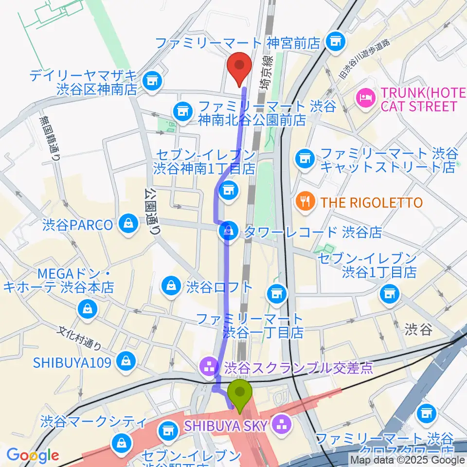 渋谷UNDER DEER Loungeの最寄駅渋谷駅からの徒歩ルート（約11分）地図