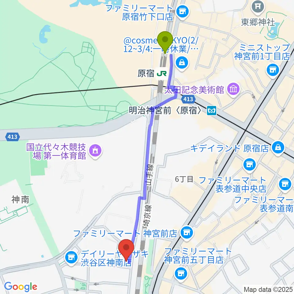 原宿駅から渋谷UNDER DEER Loungeへのルートマップ地図