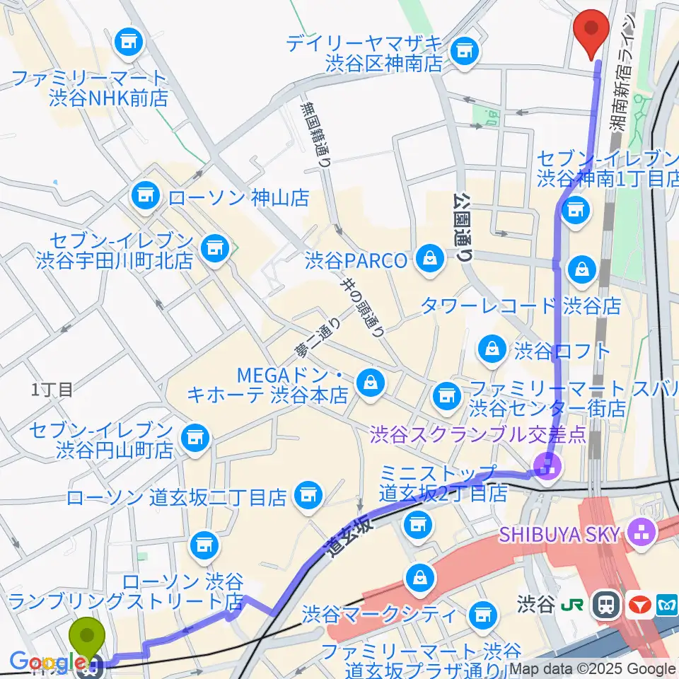 神泉駅から渋谷UNDER DEER Loungeへのルートマップ地図