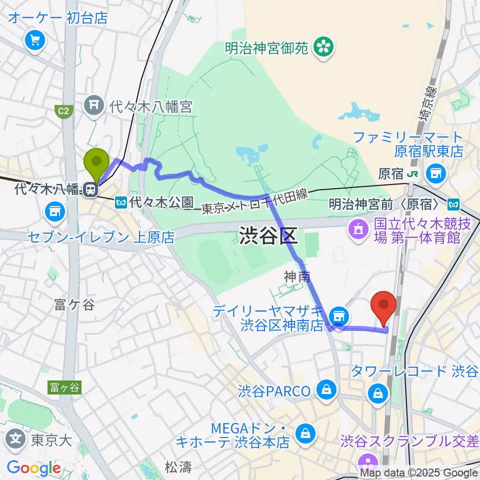 代々木八幡駅から渋谷UNDER DEER Loungeへのルートマップ地図