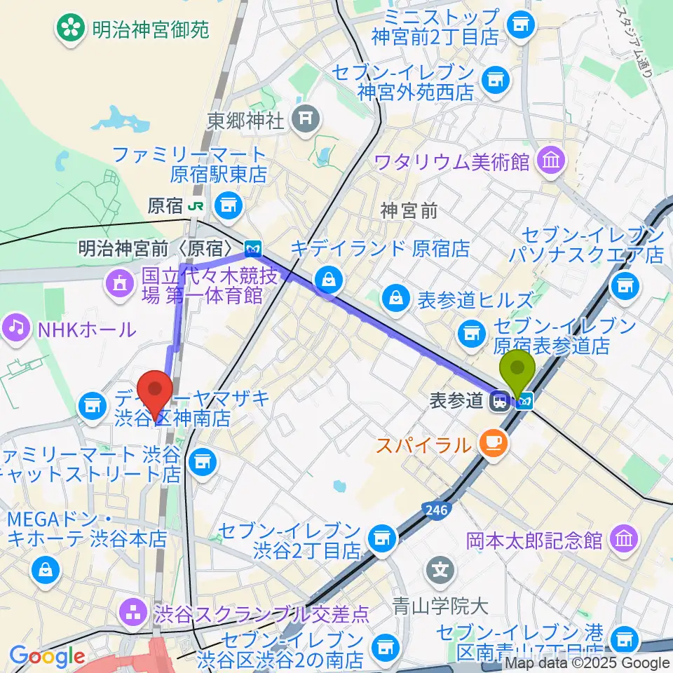 表参道駅から渋谷UNDER DEER Loungeへのルートマップ地図