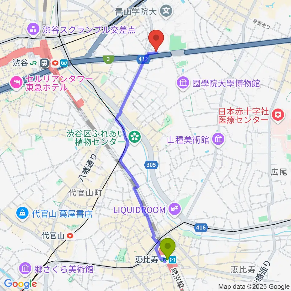 恵比寿駅から青山蜂へのルートマップ地図