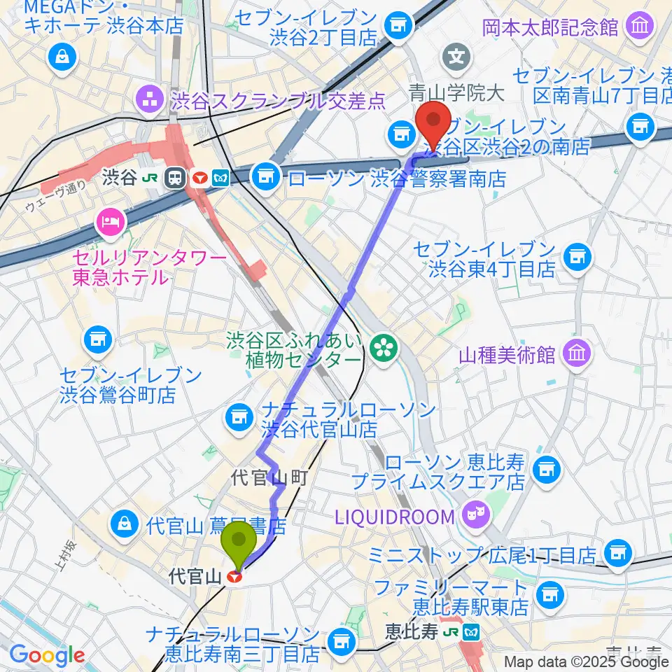 代官山駅から青山蜂へのルートマップ地図