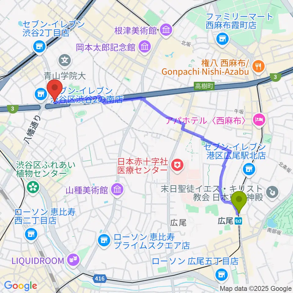 広尾駅から青山蜂へのルートマップ地図