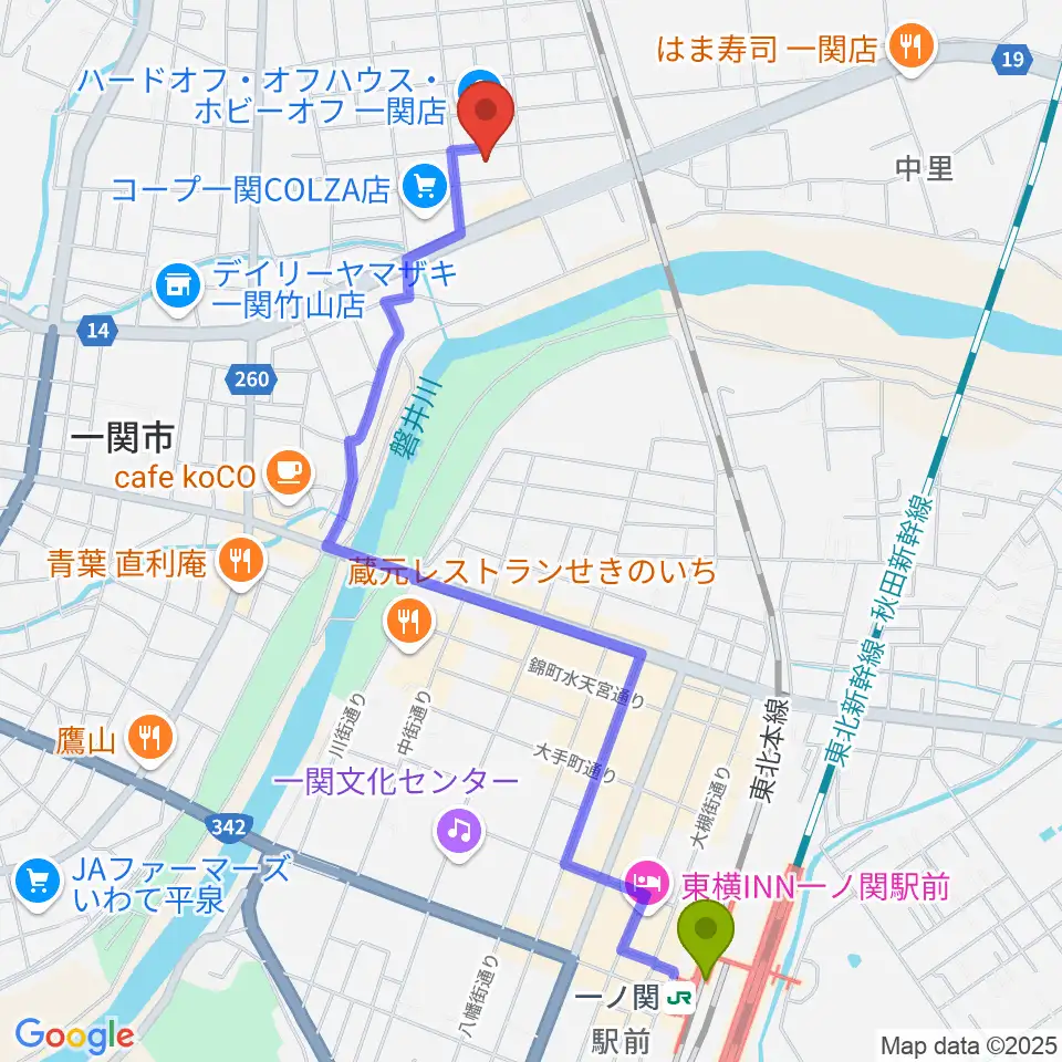 一ノ関駅からTSUTAYA 一関中央店へのルートマップ地図