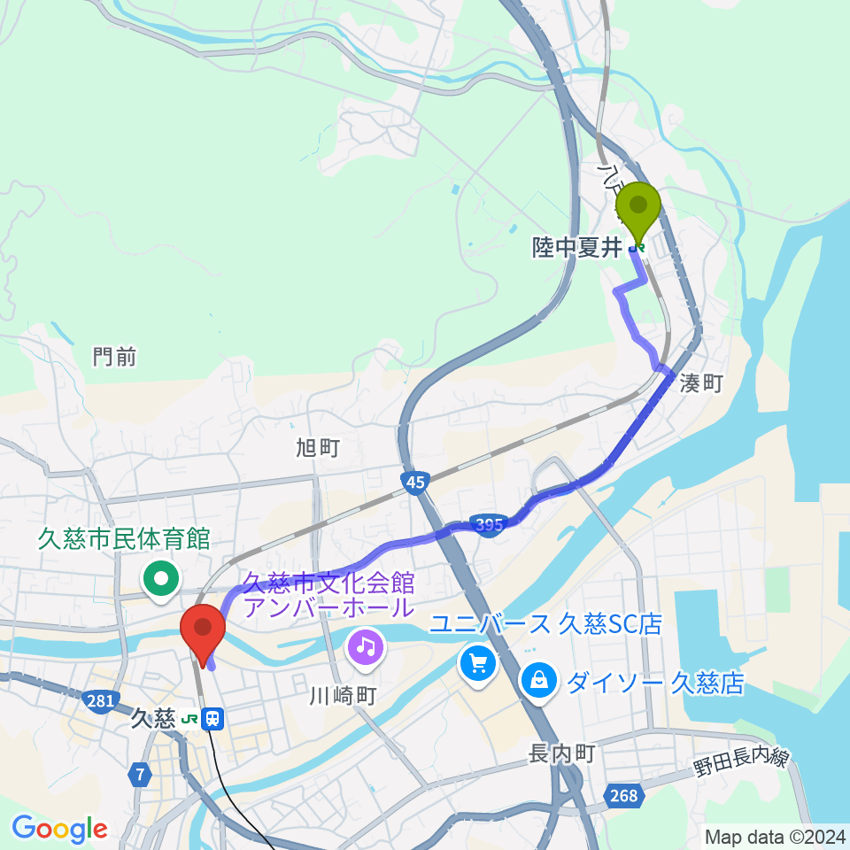 陸中夏井駅からTSUTAYA 久慈店へのルートマップ地図