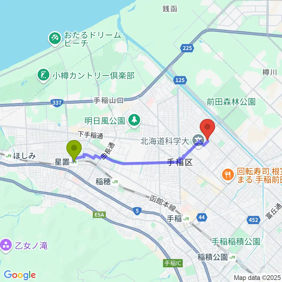 星置駅から佐藤ピアノ教室へのルートマップ地図