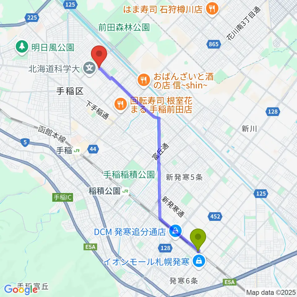 発寒駅から佐藤ピアノ教室へのルートマップ地図