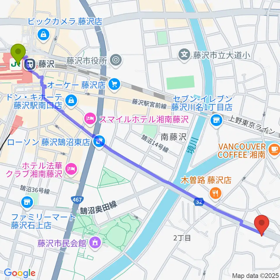 藤沢駅からギターの処方箋TAKAMURAへのルートマップ地図