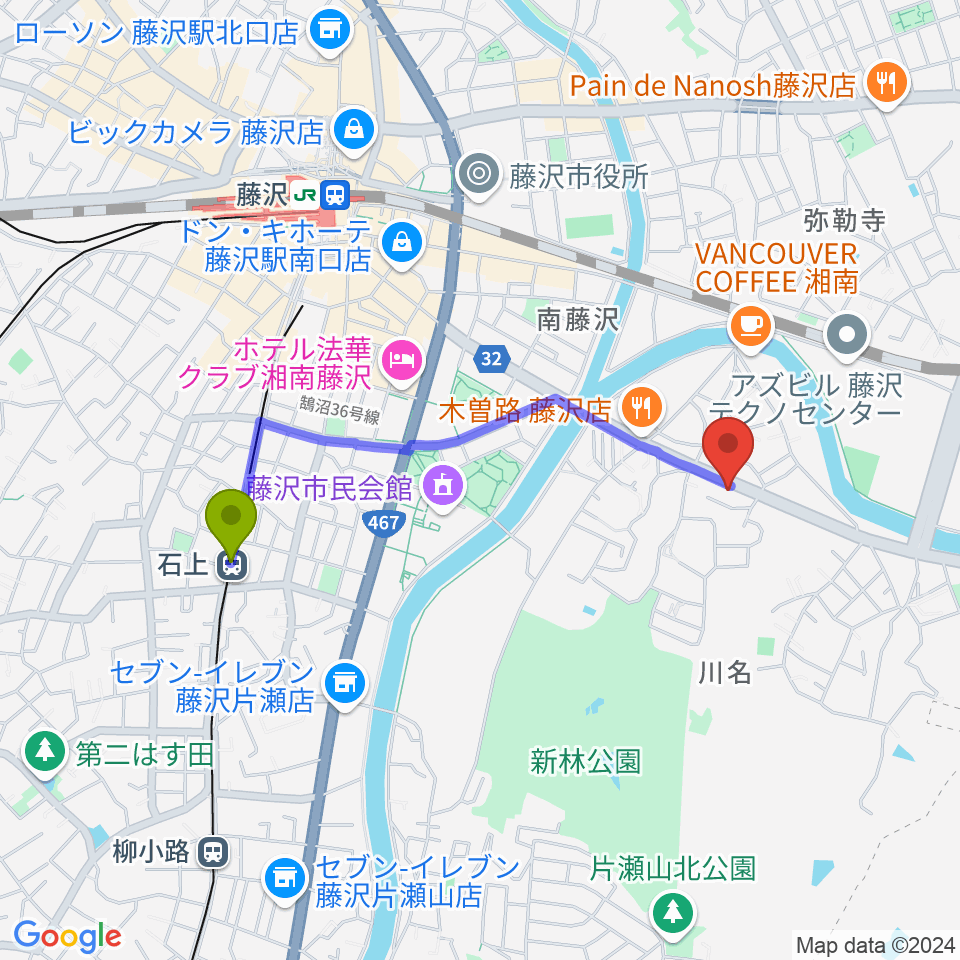 ギターの処方箋TAKAMURAの最寄駅石上駅からの徒歩ルート（約16分）地図