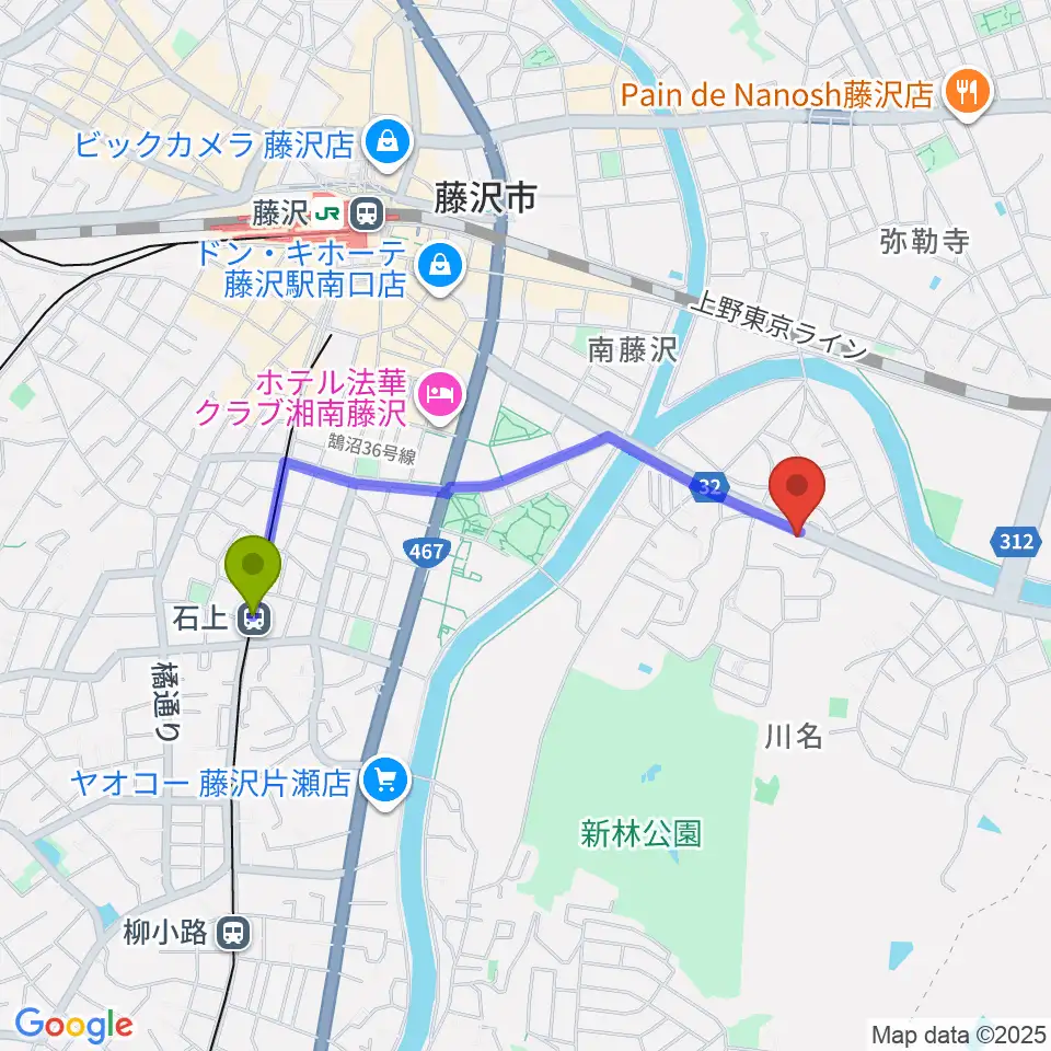ギターの処方箋TAKAMURAの最寄駅石上駅からの徒歩ルート（約16分）地図