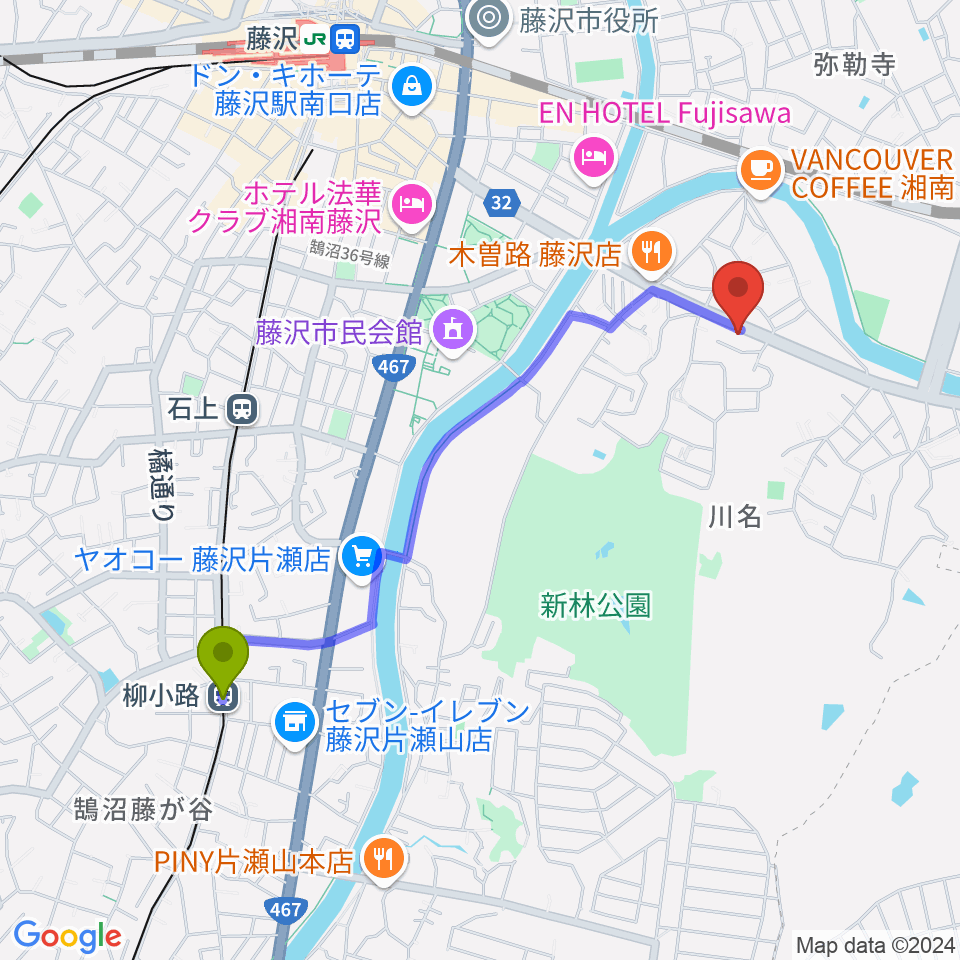 柳小路駅からギターの処方箋TAKAMURAへのルートマップ地図