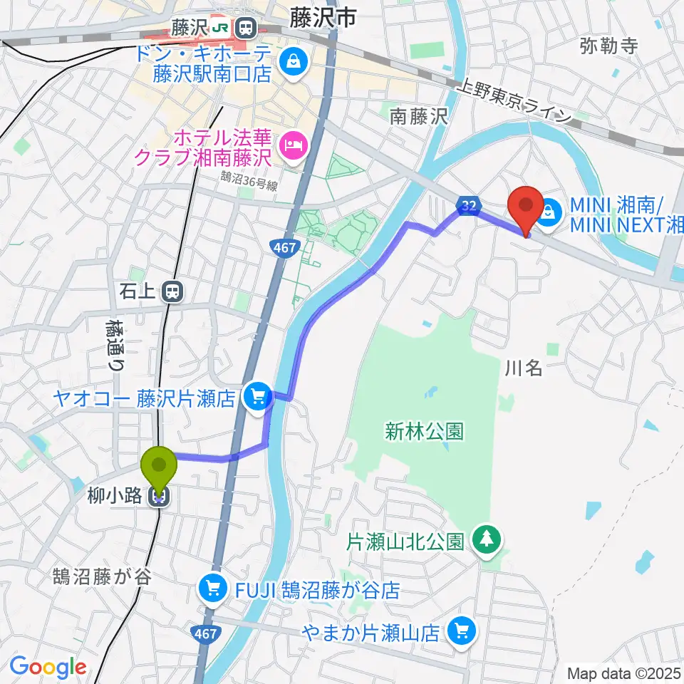 柳小路駅からギターの処方箋TAKAMURAへのルートマップ地図