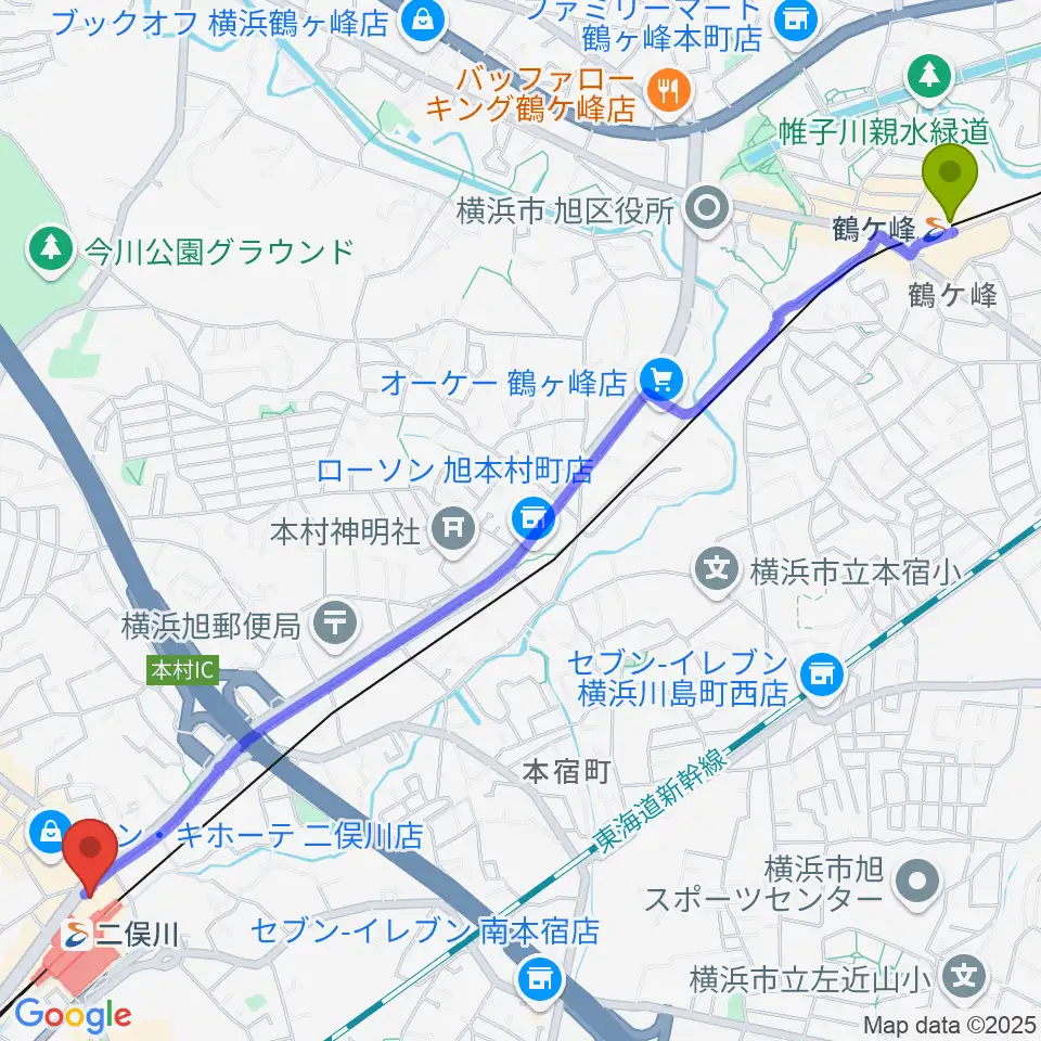 鶴ヶ峰駅から横浜市旭区民文化センターサンハートへのルートマップ地図