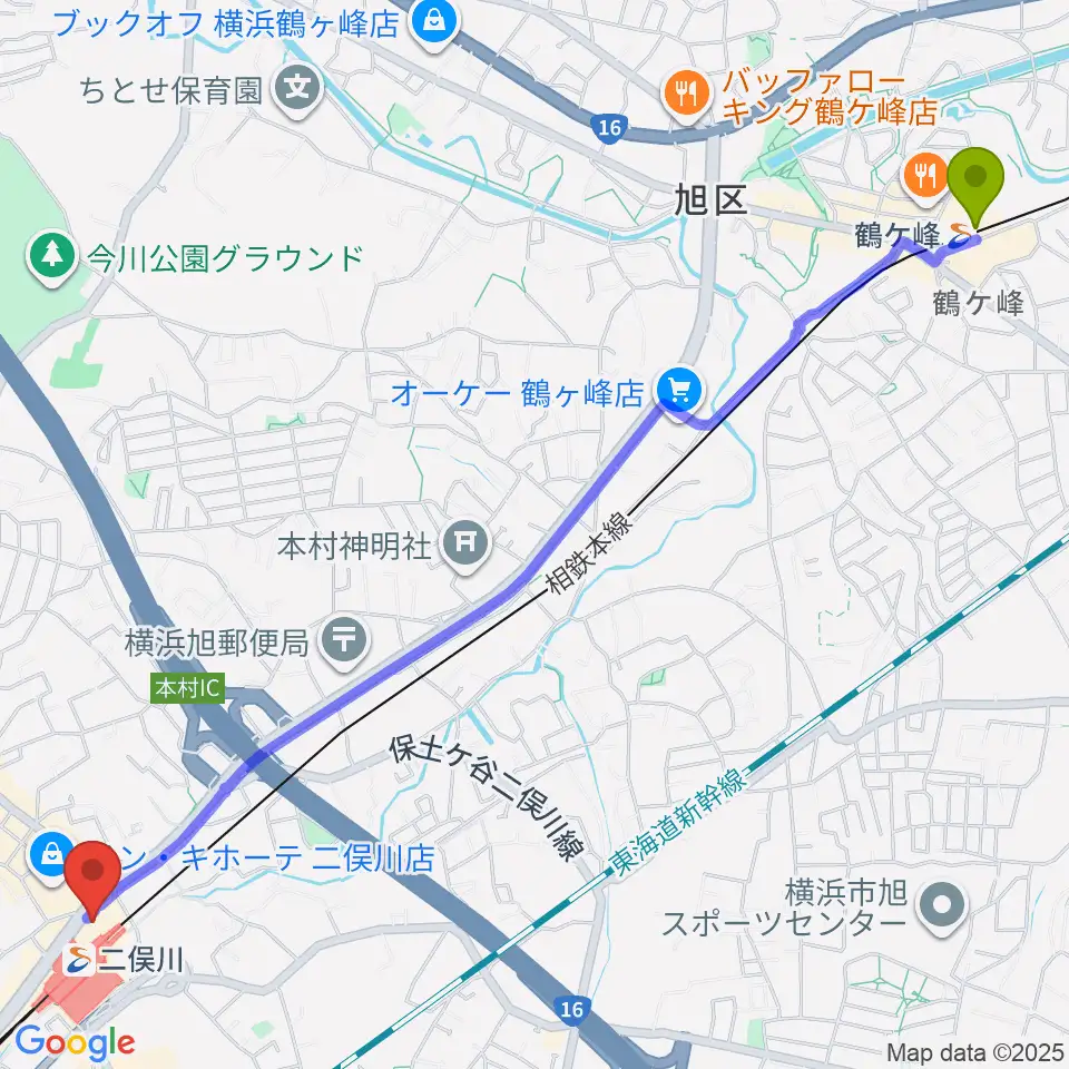 鶴ヶ峰駅から横浜市旭区民文化センターサンハートへのルートマップ地図