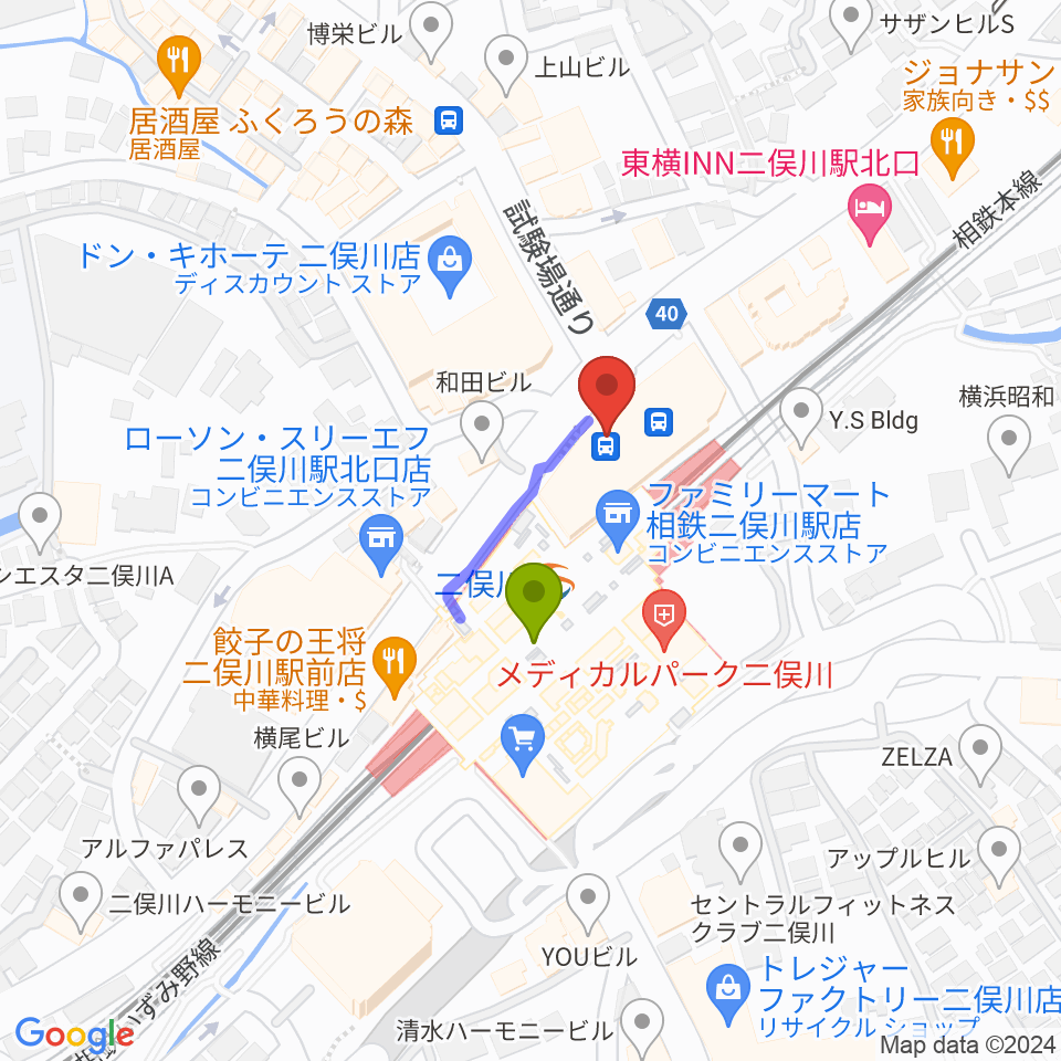 横浜市旭区民文化センターサンハートの最寄駅二俣川駅からの徒歩ルート（約2分）地図
