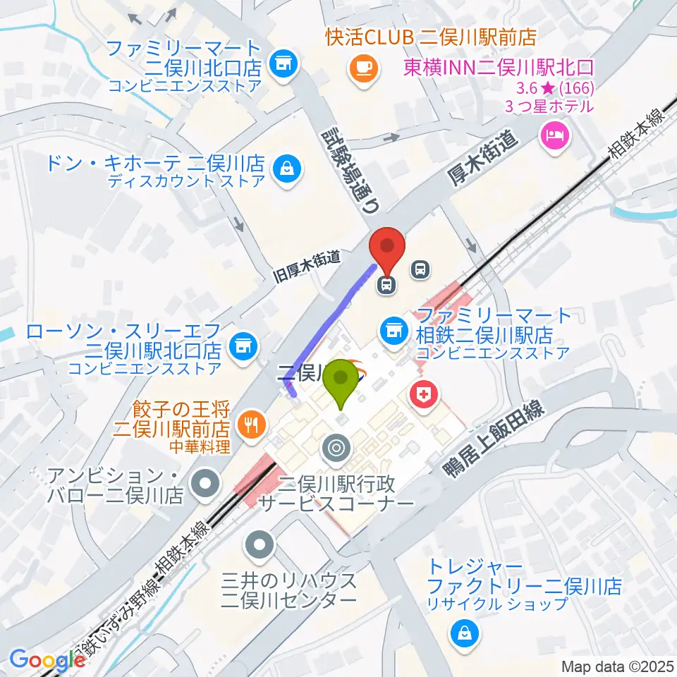 横浜市旭区民文化センターサンハートの最寄駅二俣川駅からの徒歩ルート（約2分）地図