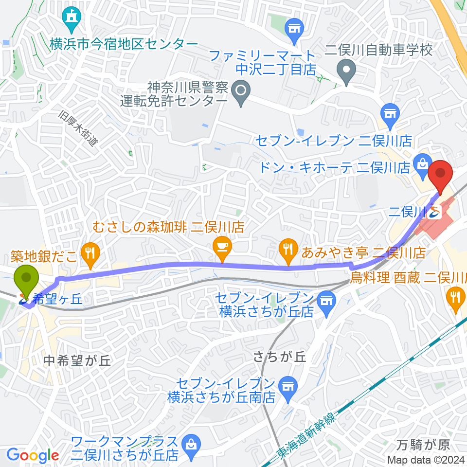 希望ヶ丘駅から横浜市旭区民文化センターサンハートへのルートマップ地図