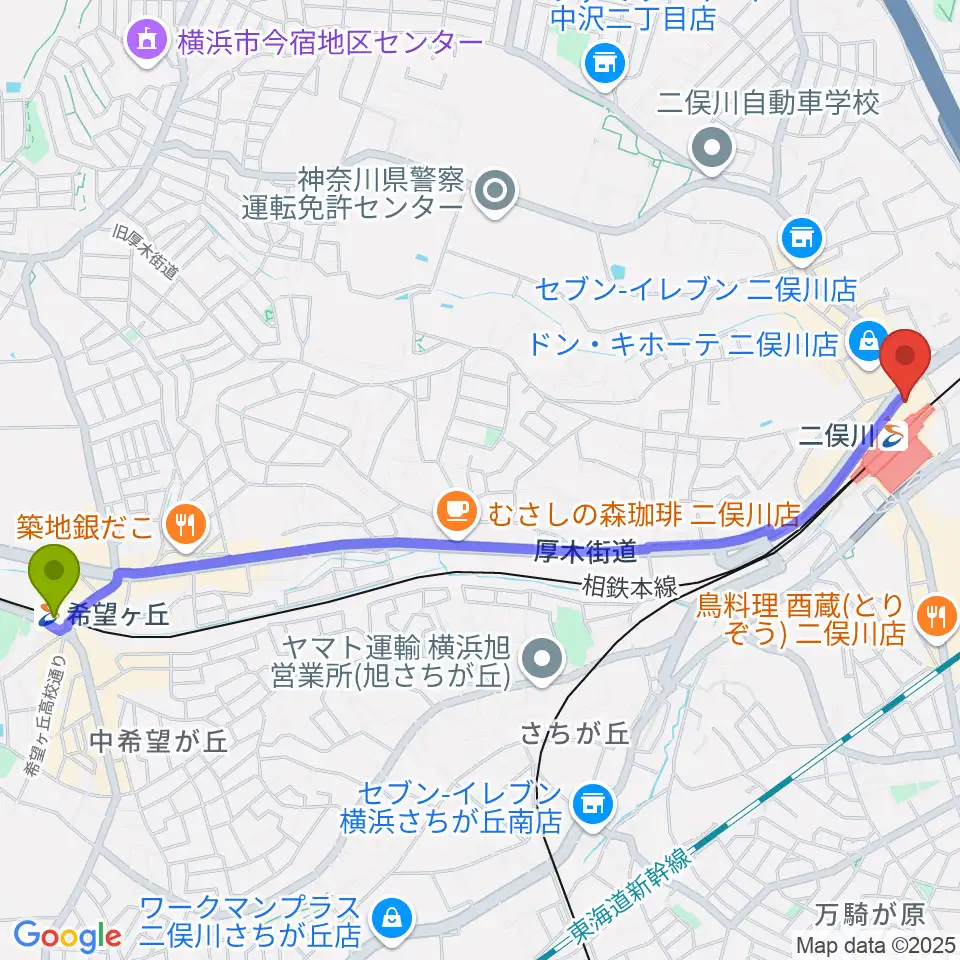 希望ヶ丘駅から横浜市旭区民文化センターサンハートへのルートマップ地図