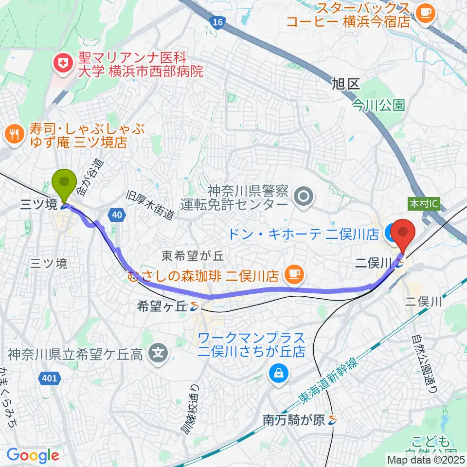 三ツ境駅から横浜市旭区民文化センターサンハートへのルートマップ地図