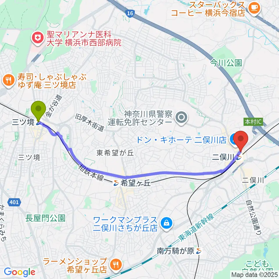 三ツ境駅から横浜市旭区民文化センターサンハートへのルートマップ地図
