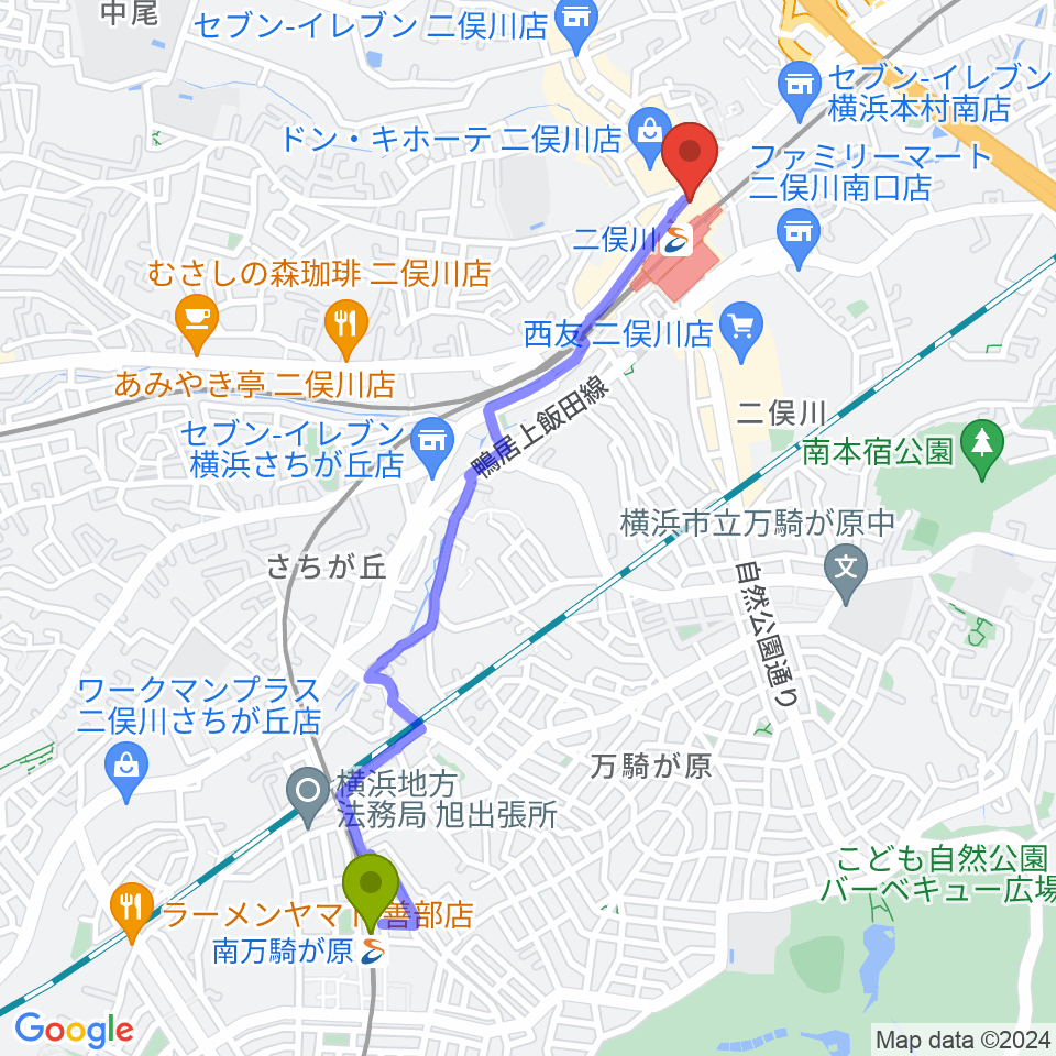 南万騎が原駅から横浜市旭区民文化センターサンハートへのルートマップ地図