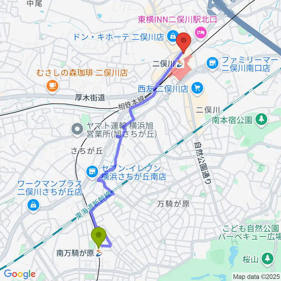 南万騎が原駅から横浜市旭区民文化センターサンハートへのルートマップ地図