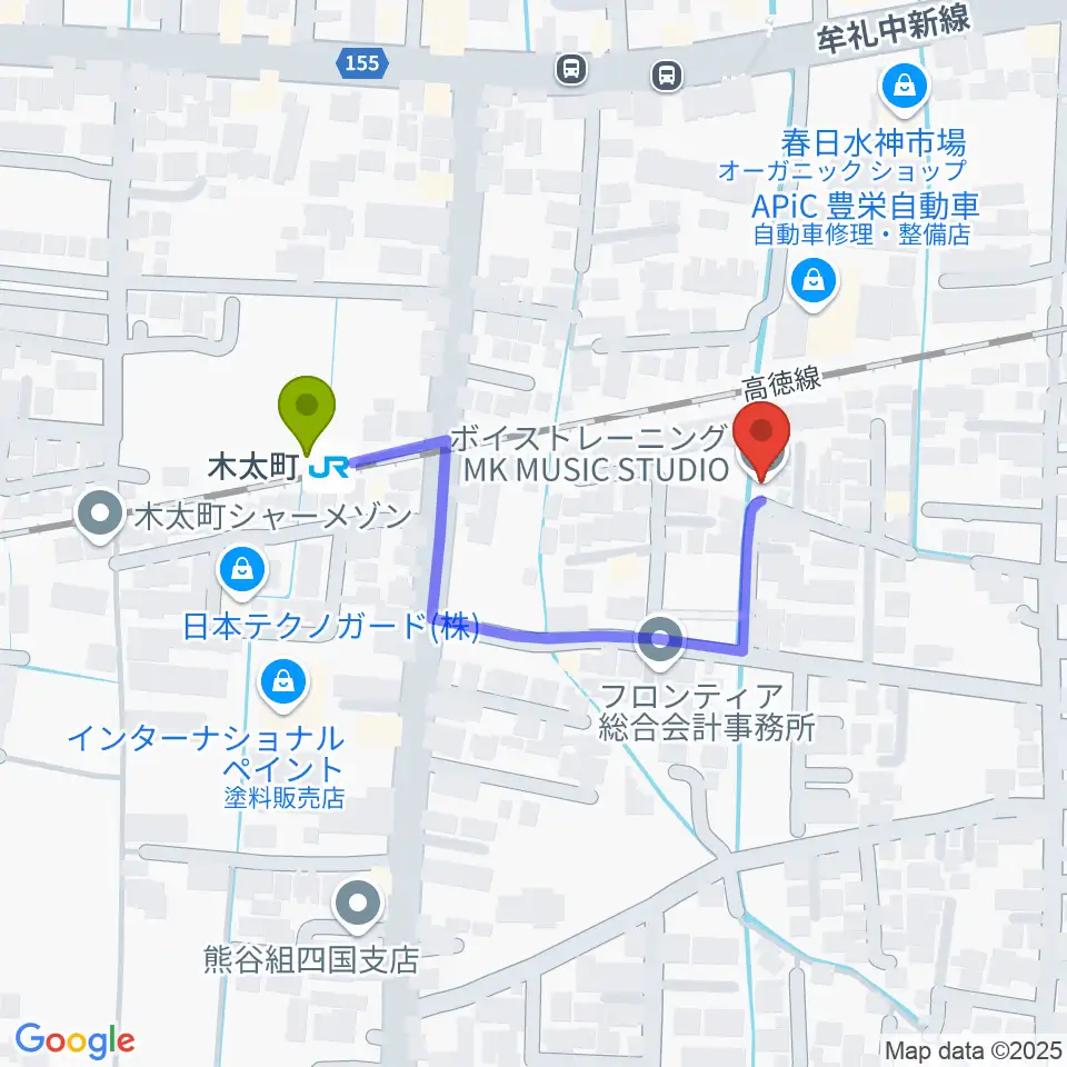 MK MUSIC STUDIOの最寄駅木太町駅からの徒歩ルート（約3分）地図