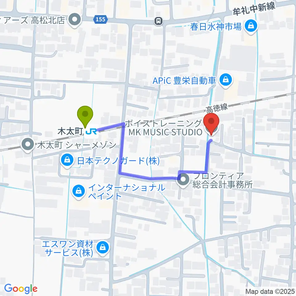 MK MUSIC STUDIOの最寄駅木太町駅からの徒歩ルート（約3分）地図