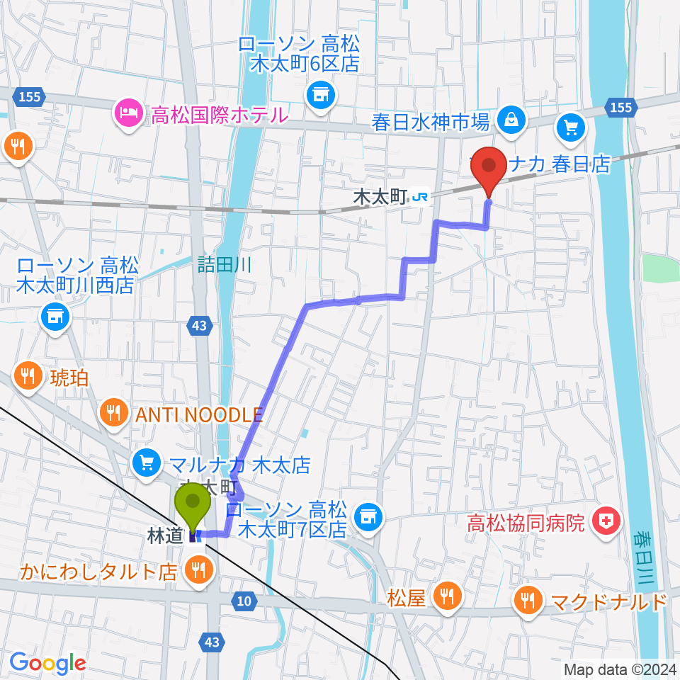 林道駅からMK MUSIC STUDIOへのルートマップ地図