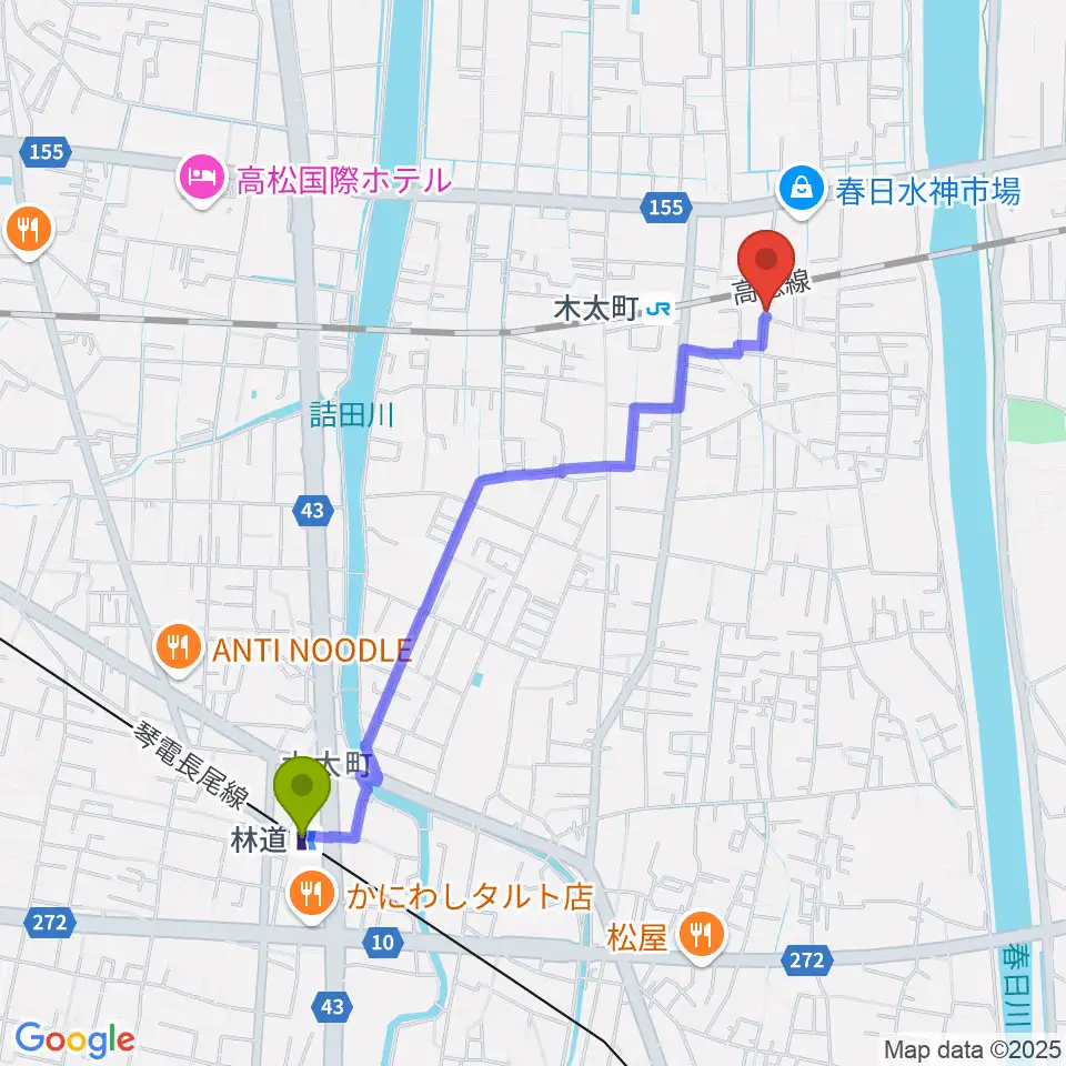 林道駅からMK MUSIC STUDIOへのルートマップ地図