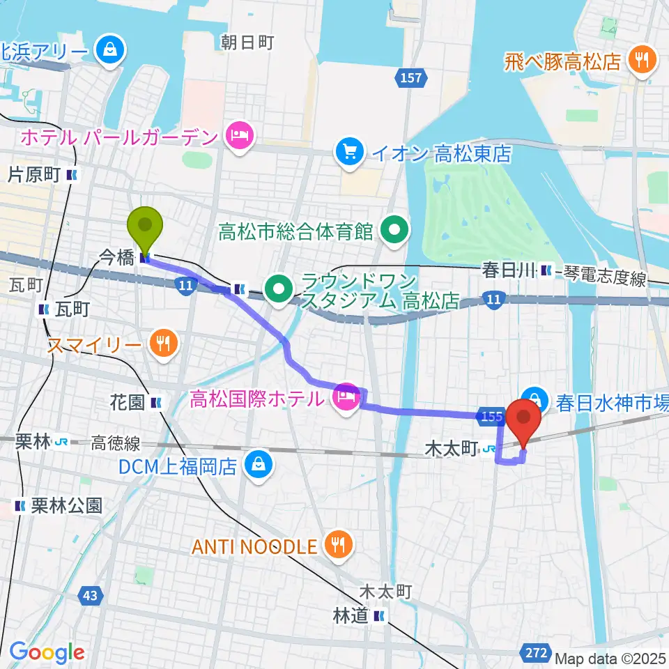 今橋駅からMK MUSIC STUDIOへのルートマップ地図