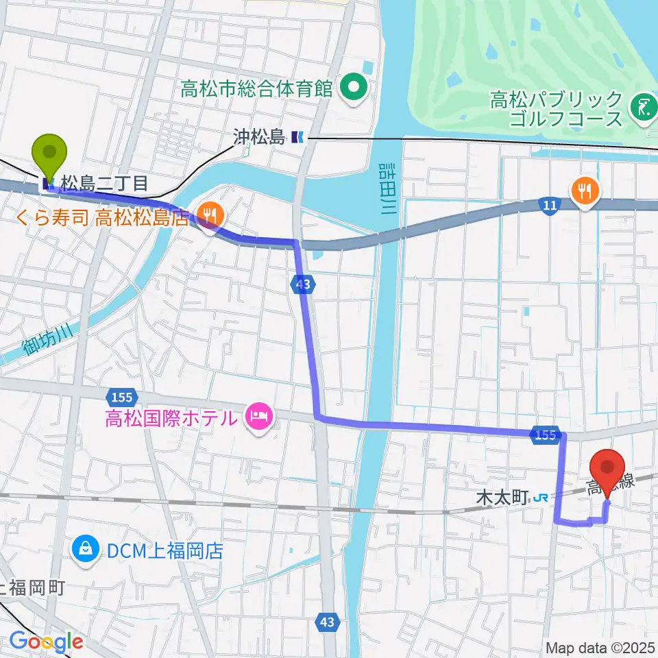 松島二丁目駅からMK MUSIC STUDIOへのルートマップ地図