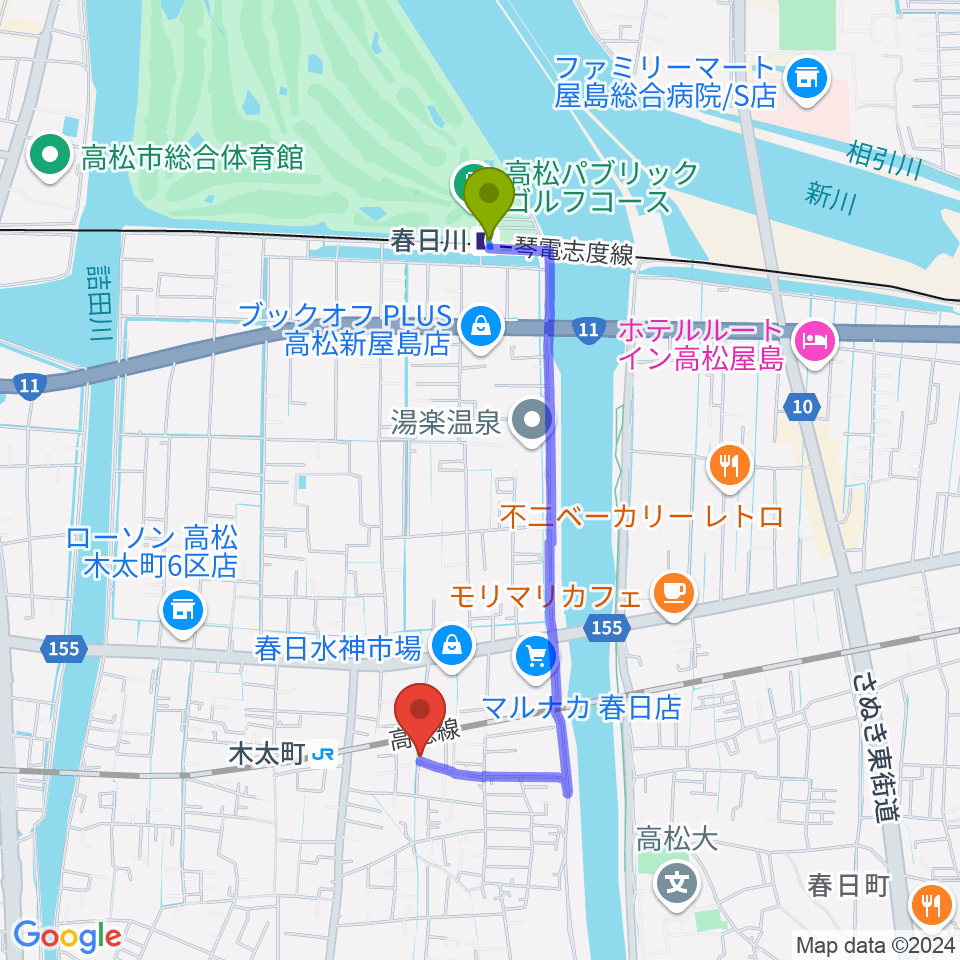 春日川駅からMK MUSIC STUDIOへのルートマップ地図