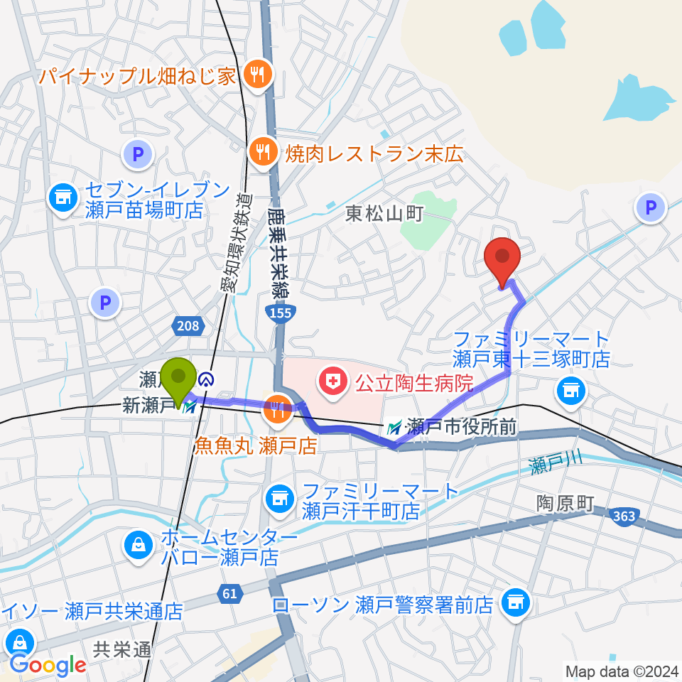 新瀬戸駅からわたなべギター教室へのルートマップ地図