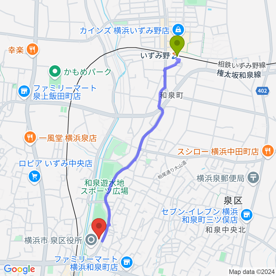 いずみ野駅から横浜市泉公会堂へのルートマップ地図