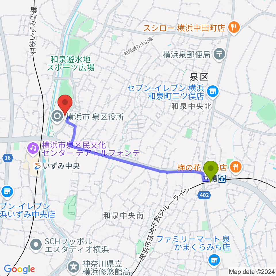 立場駅から横浜市泉公会堂へのルートマップ地図