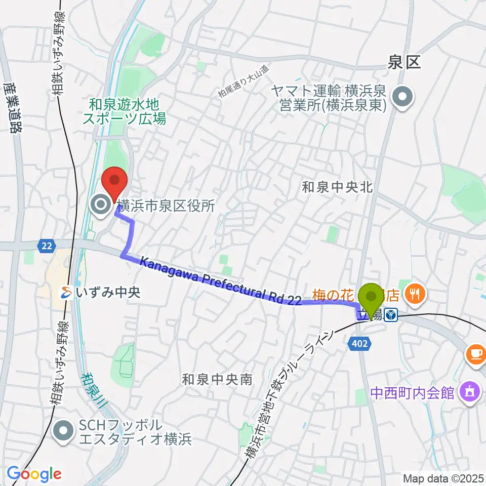 立場駅から横浜市泉公会堂へのルートマップ地図