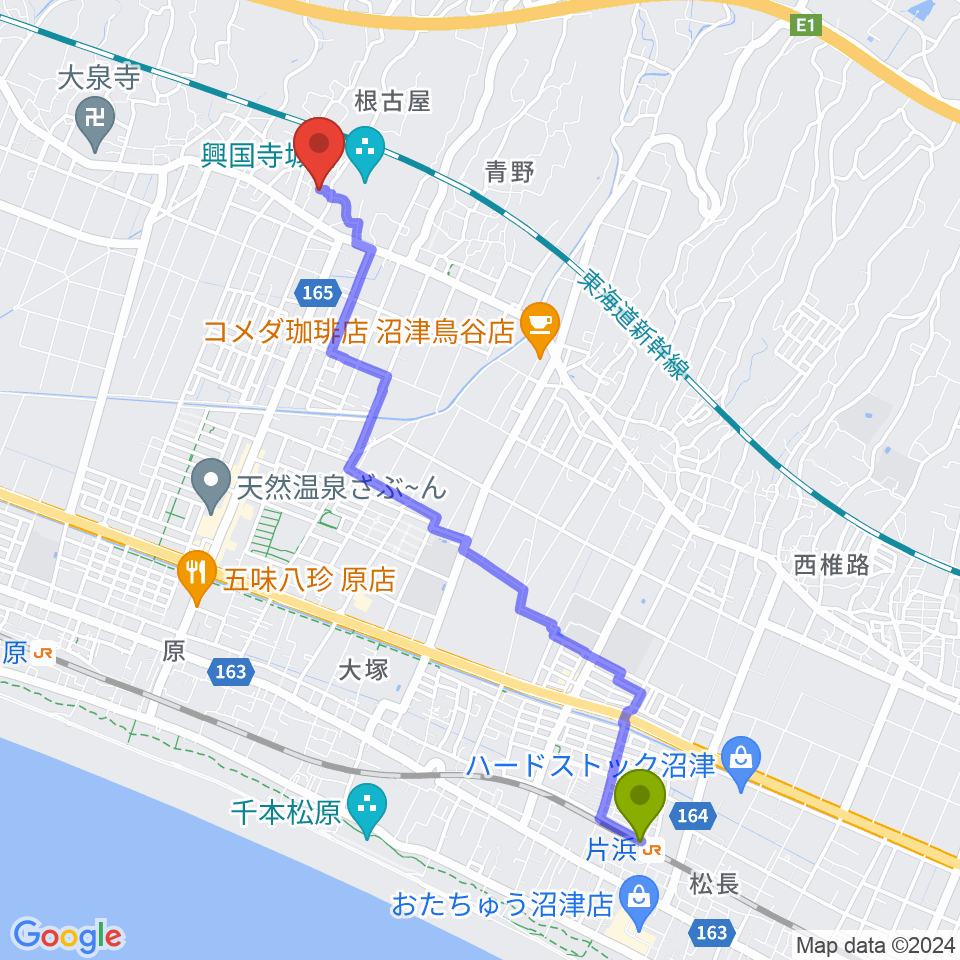 片浜駅からピアチェ音楽教室へのルートマップ地図