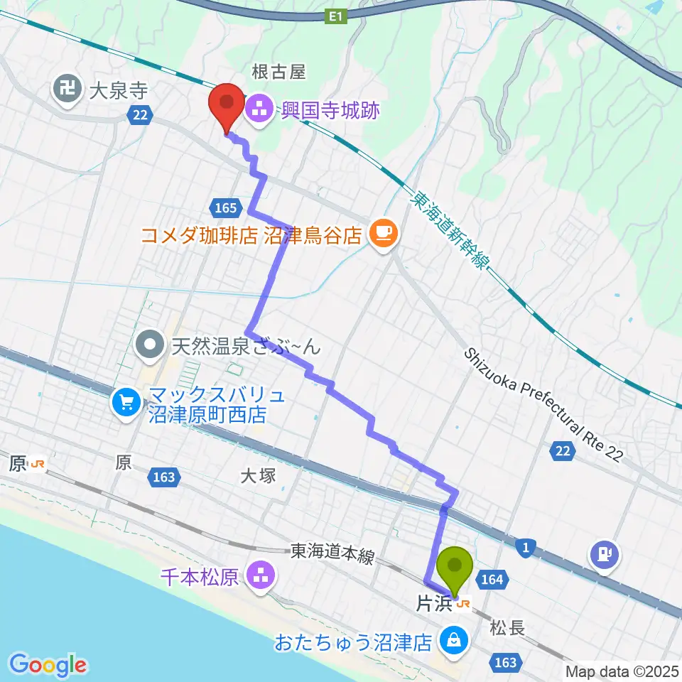片浜駅からピアチェ音楽教室へのルートマップ地図