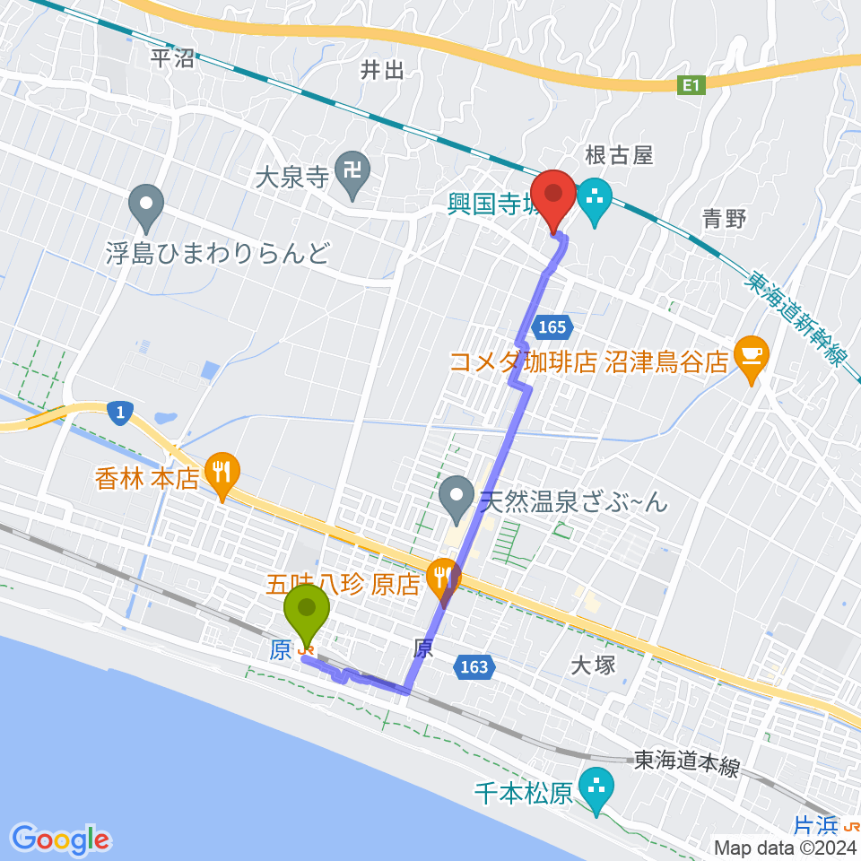 ピアチェ音楽教室の最寄駅原駅からの徒歩ルート（約35分）地図
