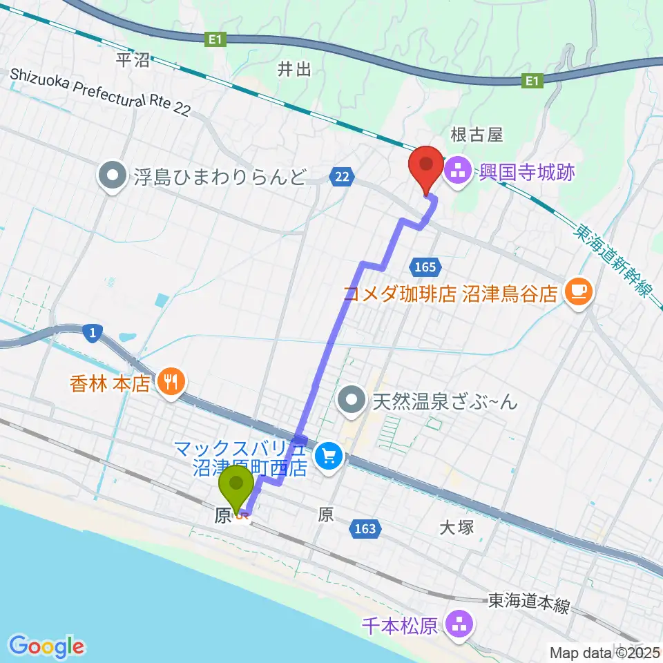 ピアチェ音楽教室の最寄駅原駅からの徒歩ルート（約35分）地図