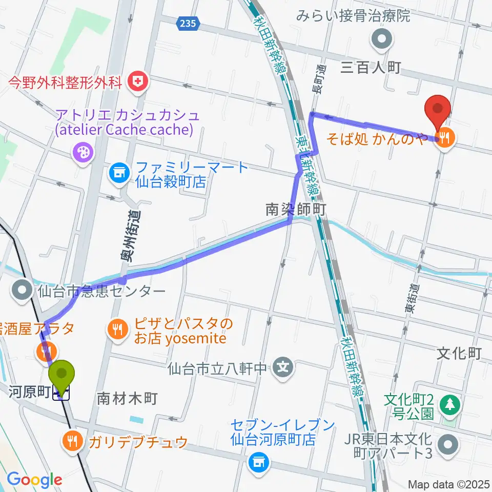 河原町駅から仙台若林ギター教室へのルートマップ地図