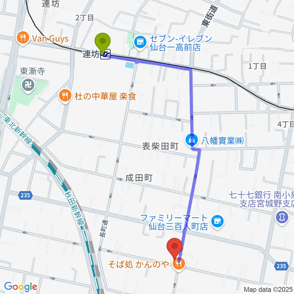 仙台若林ギター教室の最寄駅連坊駅からの徒歩ルート（約11分）地図