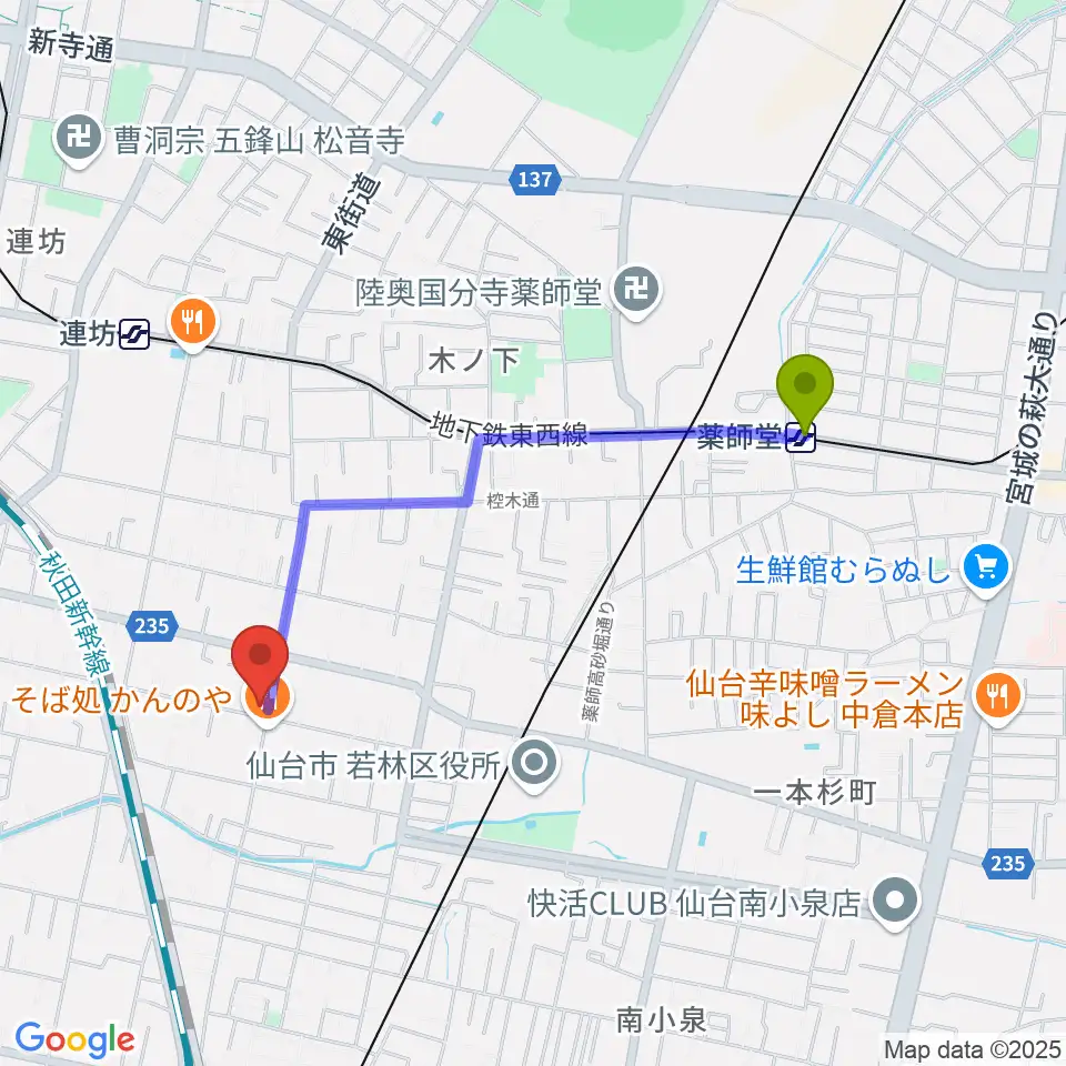 薬師堂駅から仙台若林ギター教室へのルートマップ地図