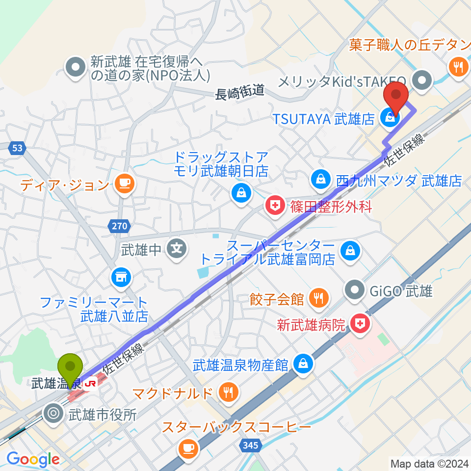 武雄温泉駅からTSUTAYA 武雄店へのルートマップ地図