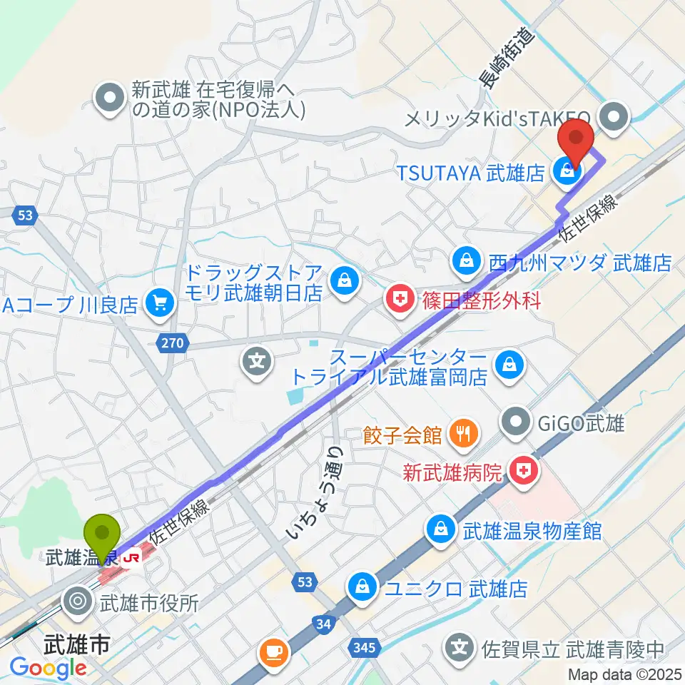 武雄温泉駅からTSUTAYA 武雄店へのルートマップ地図