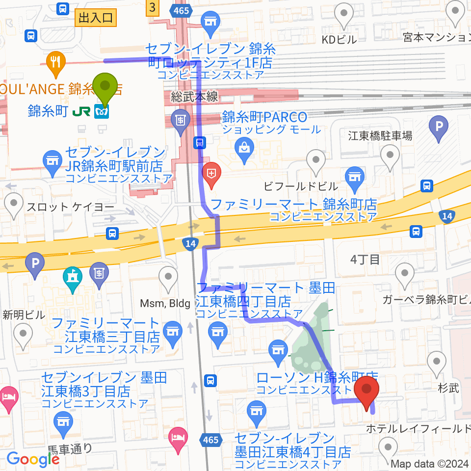 錦糸町パピーズの最寄駅錦糸町駅からの徒歩ルート（約7分）地図