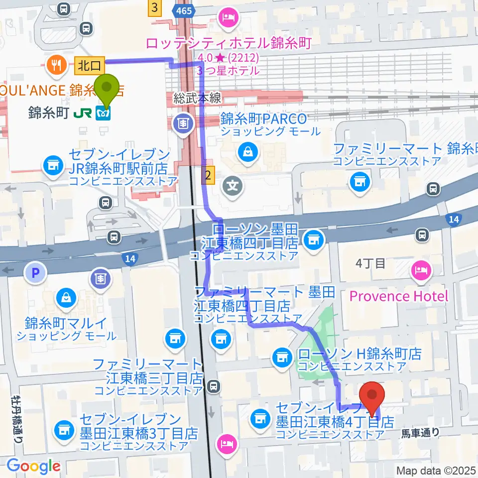 錦糸町パピーズの最寄駅錦糸町駅からの徒歩ルート（約7分）地図